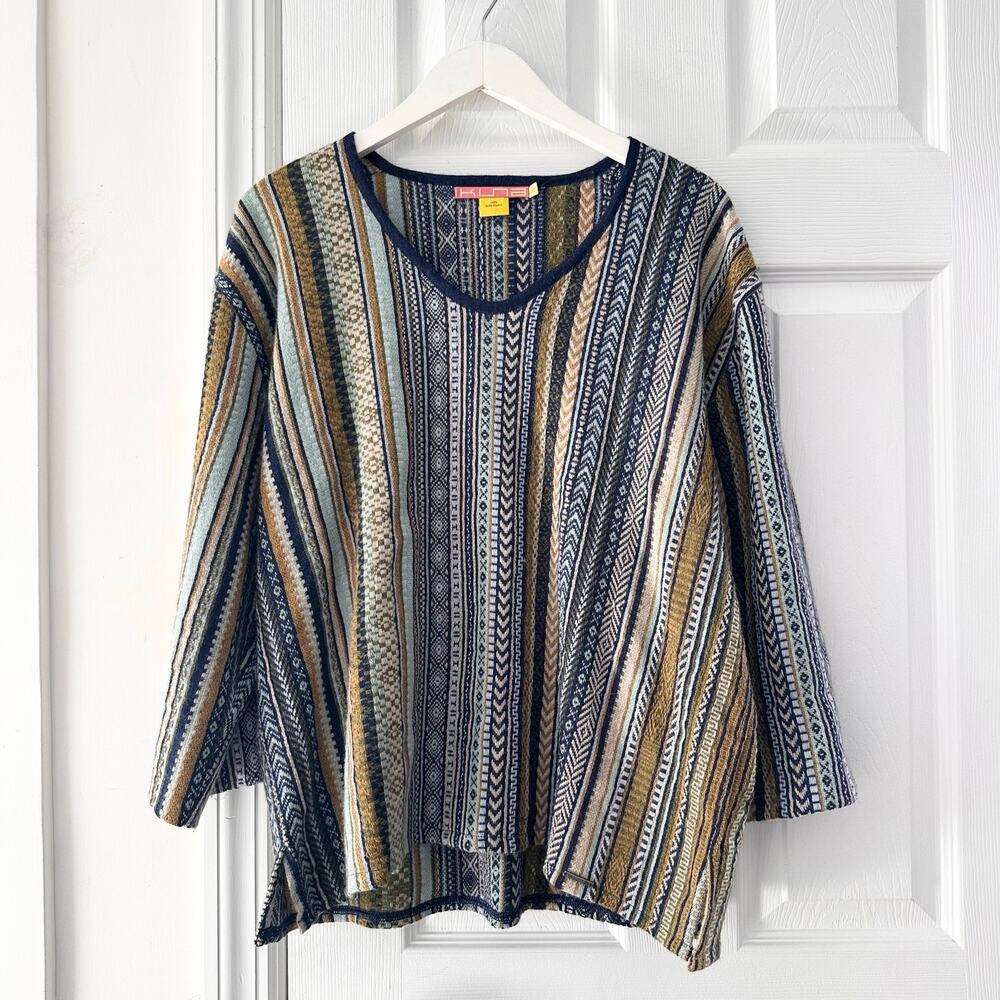 Kuna Baby Alpaca Volga Blue Yellow Beige Multi Striped V Neck Sweater XL